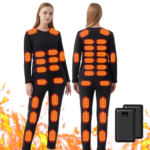 Yahbrra Damen Winter Beheizbare Kleidung: mit 2 Powerbank 42 Zonen Beheizte 3 Gang Temperaturregelung Thermounterwäsche Set für Kalte Ski Angeln Radfahren (Schwarz, 2XL) von Yahbrra