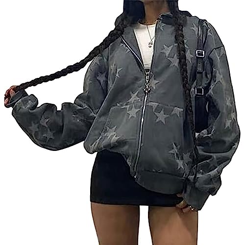 Yahbrra Damen Y2K Jacke Zip Up Hoodies Sterne Motiv Graphics Harajuku für Paare Sweatshirt Vintage Kapuzenjacke Unisex Kordelzug Sweatjacke mit Kapuze 90er E Girl Top (Color : Gray, Size : S) von Yahbrra