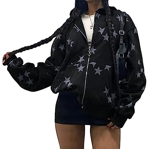 Yahbrra Damen Y2K Jacke Zip Up Hoodies Sterne Motiv Graphics Harajuku für Paare Sweatshirt Vintage Kapuzenjacke Unisex Kordelzug Sweatjacke mit Kapuze 90er E Girl Top (Color : Schwarz, Size : M) von Yahbrra