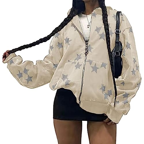 Yahbrra Damen Y2K Jacke Zip Up Hoodies Sterne Motiv Graphics Harajuku für Paare Sweatshirt Vintage Kapuzenjacke Unisex Kordelzug Sweatjacke mit Kapuze 90er E Girl Top (Color : White, Size : S) von Yahbrra