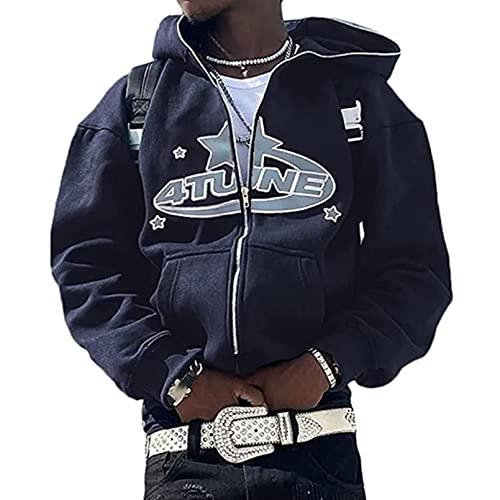 Yahbrra Herren Bomberjacke College Oversized Bedruckte Jacke 90S Vintage Reißverschluss Langarm Sweat Jacket Baseball Jacke Outwear mit Taschen Übergangsjacke (Color : Blue, Size : XL) von Yahbrra