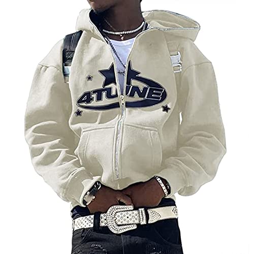 Yahbrra Herren Bomberjacke College Oversized Bedruckte Jacke 90S Vintage Reißverschluss Langarm Sweat Jacket Baseball Jacke Outwear mit Taschen Übergangsjacke (Color : Off white, Size : L) von Yahbrra