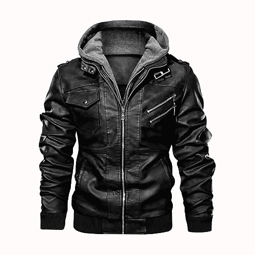 Yahbrra Herren Lederjacke Echtes Leder Jacke Echtleder Übergangsjacke Fashion Abnehmbarer Kapuze Hooded Leather Jacket mit Reißverschluss Lederjacke mit abnehmbarer Kapuze (Color : Schwarz, Size : X von Yahbrra