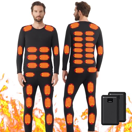 Yahbrra Herren Winter Beheizbare Kleidung: mit 2 Powerbank 42 Zonen Beheizte 3 Gang Temperaturregelung Thermounterwäsche Set für Kalte Ski Angeln Radfahren (Schwarz, 2XL) von Yahbrra