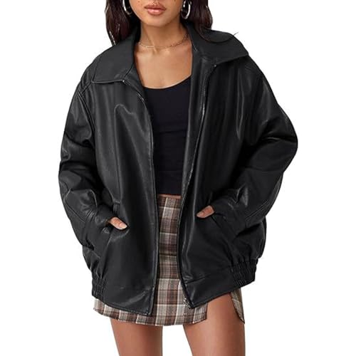 Yahbrra Lederjacke Damen Oversize Lang Kunstleder Motorrad Bikerjacke PU Leather Herbst Winter Mantel Bomber Jacke Outwear Streetwear Reißverschluss Leder Jacke Übergangsjacke Kurze Jacke (Color : Sc von Yahbrra