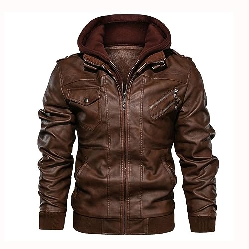 Yahbrra Lederjacke mit abnehmbarer Kapuze Bikerjacke Herren Kunstleder Bikerjacke für Herren Kunstleder Jacke Übergangsjacke Reißverschluss (Color : Brown, Size : L) von Yahbrra