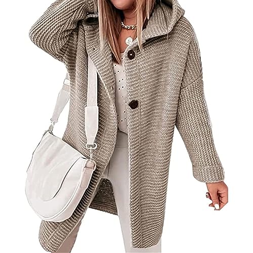 Yahbrra Strickjacke Damen Grobstrick Cardigan Lang Winter mit Kapuze Strickcardigan Offener Strickjacken Longstrickjacke Große Größen ÜBergangsjacke Wintermäntel Warme Strickjacke (Color : Khaki, SI von Yahbrra