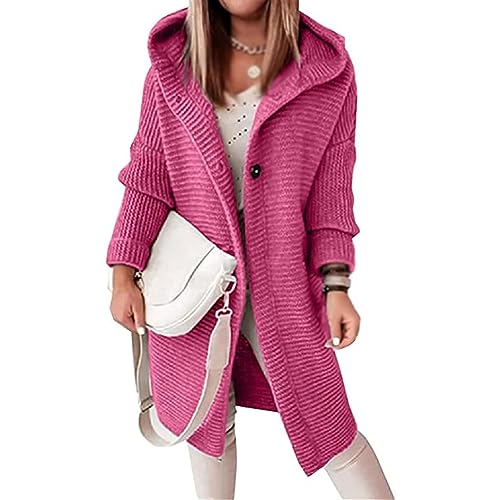 Yahbrra Strickjacke Damen Grobstrick Cardigan Lang Winter mit Kapuze Strickcardigan Offener Strickjacken Longstrickjacke Große Größen ÜBergangsjacke Wintermäntel Warme Strickjacke (Color : Rose red, von Yahbrra