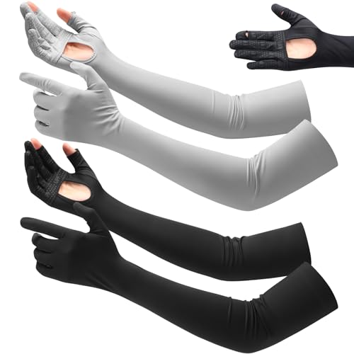 Yahenda 2 Paar Damen-Fahrhandschuhe mit UV-Schutz, LSF 50+, Touchscreen-Arm, verstellbare Sonnenschutzhandschuhe für den Außenbereich, Grau, Schwarz, Einheitsgröße von Yahenda