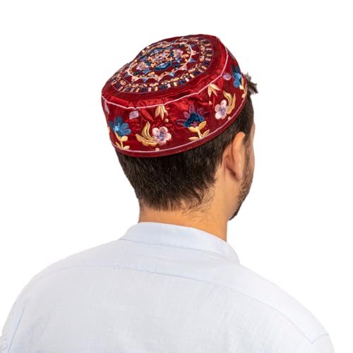 Yair Emanuel Kastanienbraunes Blumen-Design, handbestickt, Bucharian Kippah Kippa, Rot/Ausflug, einfarbig (Getaway Solids), large von Yair Emanuel