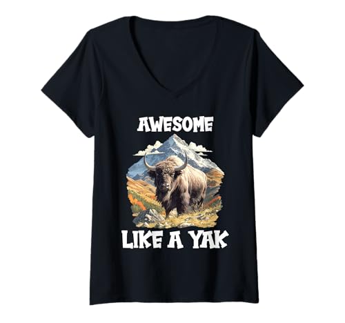 Damen Yaks Yak T-Shirt mit V-Ausschnitt Damen Yaks Yak T-Shirt mit V-Ausschnitt von Yaks Yak Tier Shop