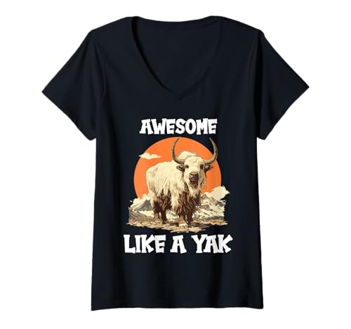 Damen Yaks Yak T-Shirt mit V-Ausschnitt Damen Yaks Yak T-Shirt mit V-Ausschnitt von Yaks Yak Tier Shop