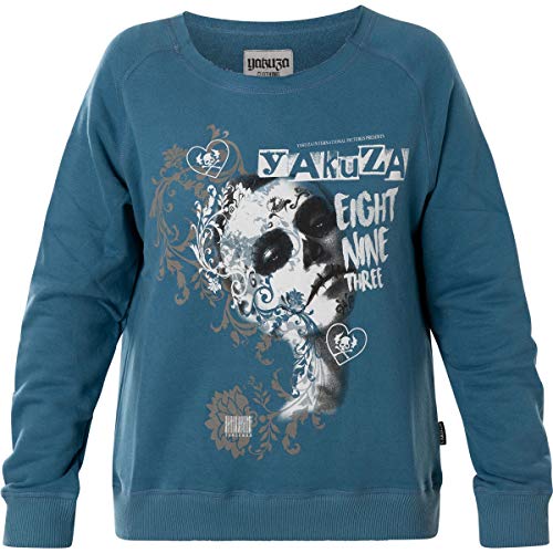 Yakuza Damen Muerte Romantica Wide Crew Neck Pullover Sweatshirt, Mallard Blue, XS von Yakuza