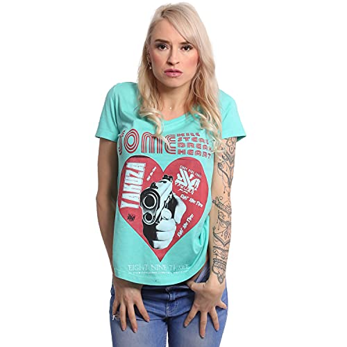 Yakuza Damen Painted Gun Dye V-Neck T-Shirt, Turquoise, XS von Yakuza