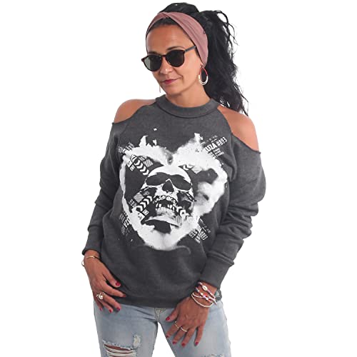 Yakuza Damen Skullagram Off Shoulder Pullover, Schwarz Meliert, XS von Yakuza