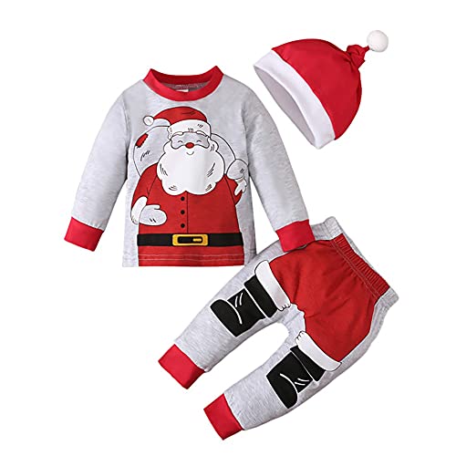 Yalatan Baby Jungen Weihnachtsoutfits Neugeborene Langarm Weihnachtsmann Bedrucktes T-Shirt Hose Hut Baby Weihnachtskleidung Set, 0-3 Monate von Yalatan
