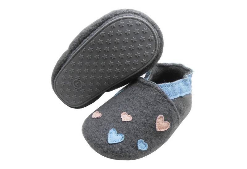 Yalion Kinder Filz Hausschuhe aus Schafwolle und Weiche Leder grau Herz Krabbelschuh von Yalion