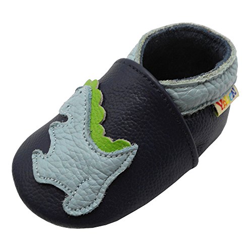 YALION Premium Weich Leder Babyschuhe Krabbelschuhe Lauflernschuhe Hausschuhe mit Dinosaurier Marineblau, EU 18/19=S von YALION