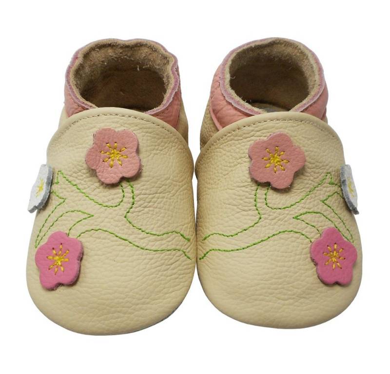 Yalion Weiche Leder Krabbelschuhe Lauflernschuhe 3-Blumen Beige 100% Leder Krabbelschuh von Yalion