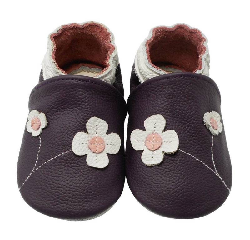 Yalion Weiche Leder Lauflernschuhe Hausschuhe Lederpuschen 2-Blumen Lila Krabbelschuh von Yalion