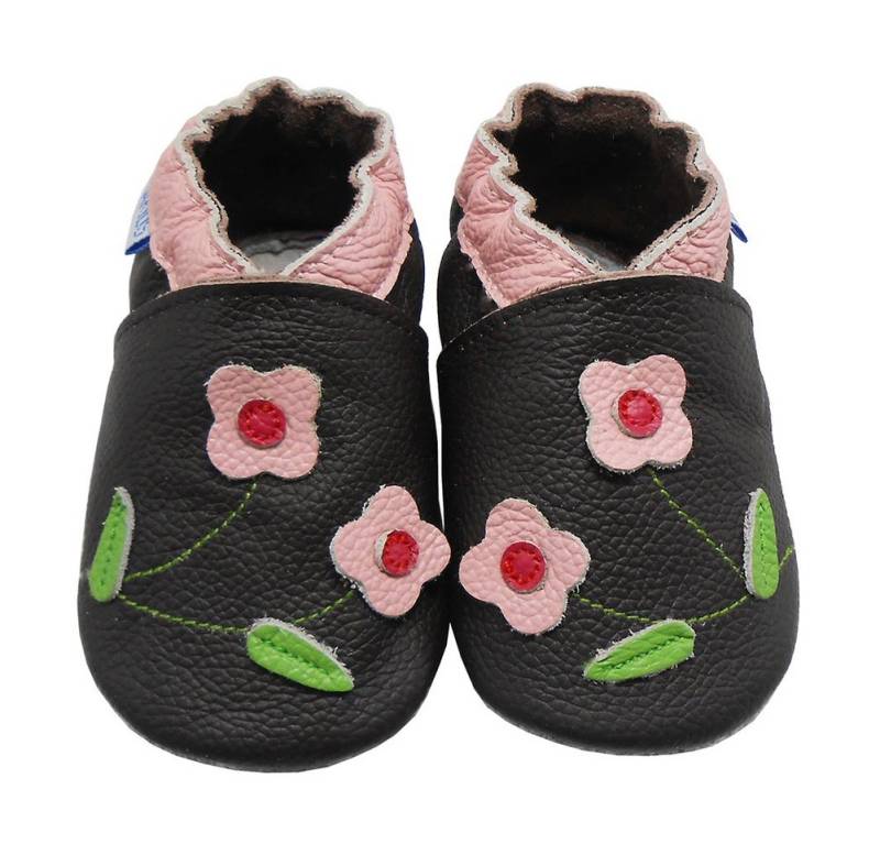 Yalion Weiche Leder Lauflernschuhe Hausschuhe Lederpuschen Blumen Dunkelgrau Krabbelschuh von Yalion