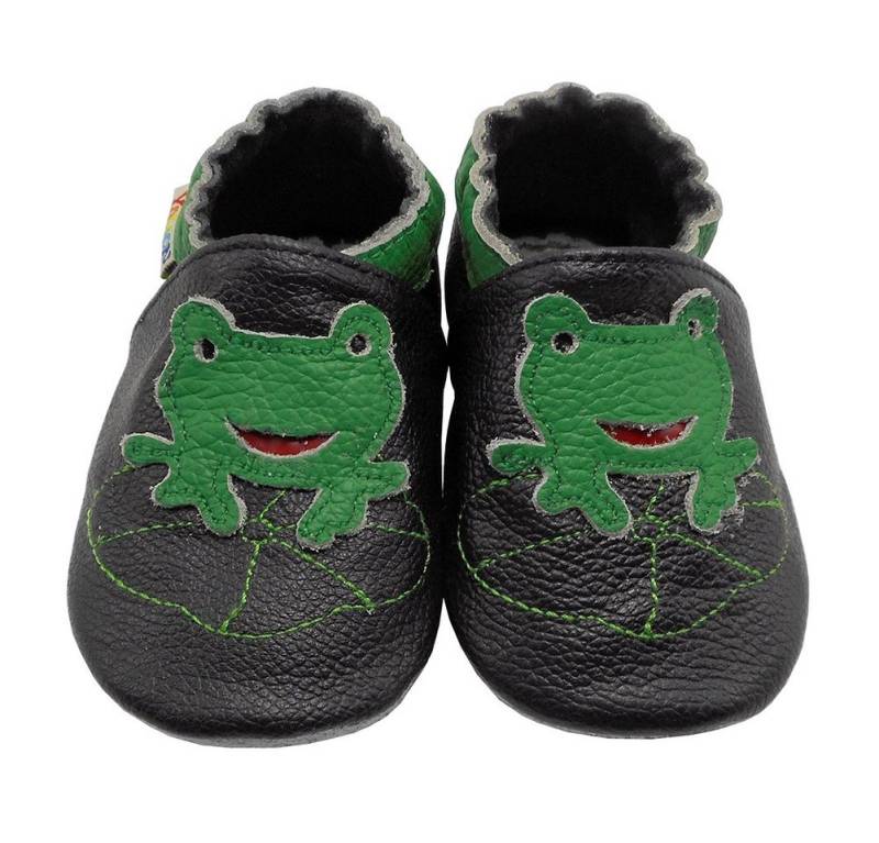 Yalion Weiche Leder Lauflernschuhe Hausschuhe Lederpuschen Frosch Schwarz Krabbelschuh von Yalion