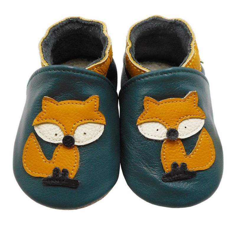 Yalion Weiche Leder Lauflernschuhe Hausschuhe Lederpuschen Fuchs grün Krabbelschuh von Yalion