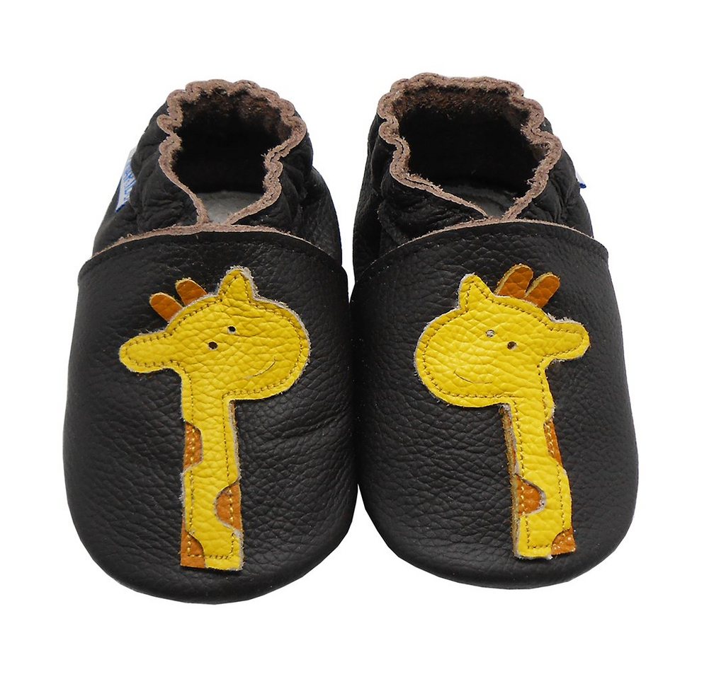 Yalion Weiche Leder Lauflernschuhe Hausschuhe Lederpuschen Giraffe Schwarz Krabbelschuh von Yalion