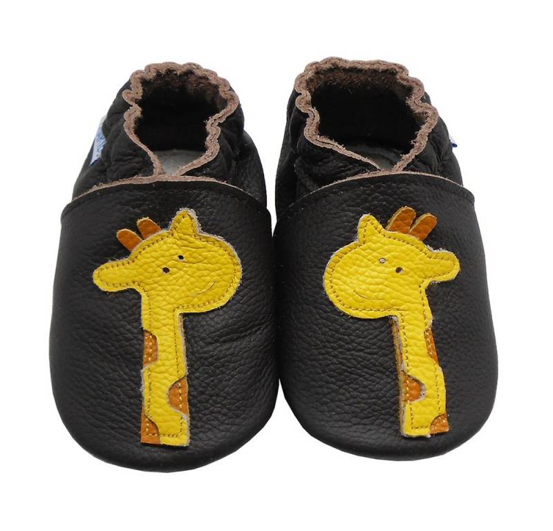 Yalion Weiche Leder Lauflernschuhe Hausschuhe Lederpuschen Giraffe Schwarz Krabbelschuh von Yalion