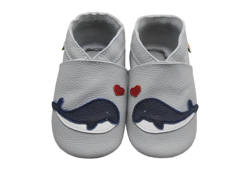 Yalion Weiche Leder Lauflernschuhe Hausschuhe Lederpuschen Wal Grau Krabbelschuh von Yalion