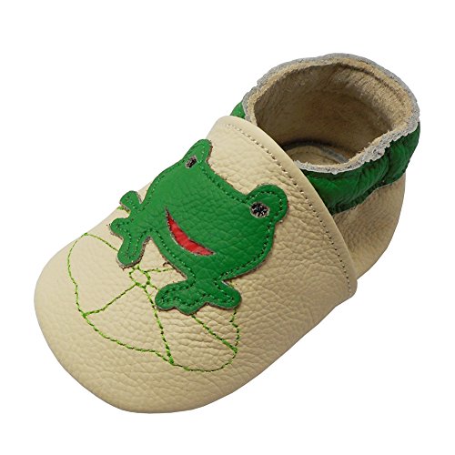 YALION Weicher Leder Lauflernschuhe Krabbelschuhe Babyhausschuhe mit Wildledersohlen und Frosch - Beige,EU 18/19=S von YALION