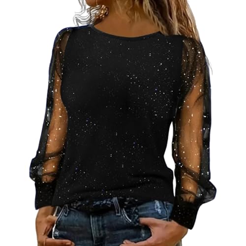 Yamaler Glitzer Oberteile Damen Party - Schulterfreie Bluse Elegant mit Spitze, Puffärmeln & Mesh Langarm, Weihnachts Tunika Festliches Outfit von Yamaler