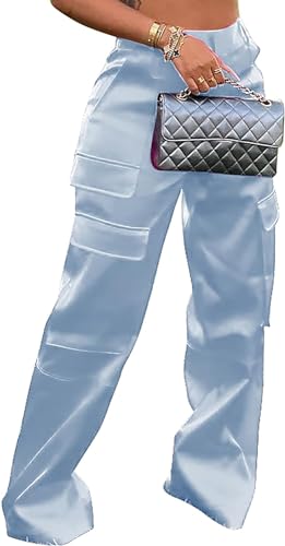 Yameay Satin-Cargohose für Damen, hohe Taille, mehrere Taschen, weites Bein, Hell, blau, X-Groß Yameay Satin-Cargohose für Damen, hohe Taille, mehrere Taschen, weites Bein, Hell, blau, X-Groß von Yameay