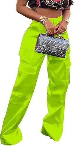 Yameay Satin-Cargohose für Damen, hohe Taille, mehrere Taschen, weites Bein, neon green, X-Groß Yameay Satin-Cargohose für Damen, hohe Taille, mehrere Taschen, weites Bein, neon green, X-Groß von Yameay