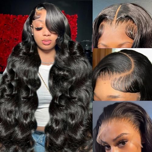 Yamikk 13 x 6 Hd Front-Perücke mit Spitzenfront, Echthaar, vorgerissen mit Babyhaar, Körperwelle, 180 Dichte, für Frauen (natürliches Schwarz, 24 Stück) von Yamikk