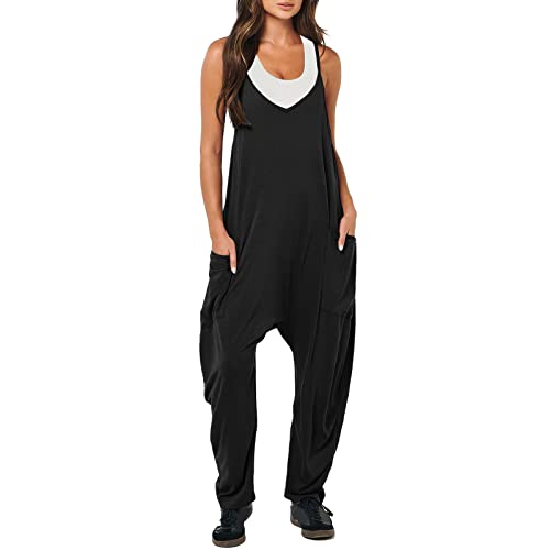 Damen Latzhose Sommer Jumpsuit Baggy Oversize Beiläufig Loose Trägerhose Overalls Ärmellose Strampler Playsuit Arbeitshose mit Großer Tasche Strampler (P1-Black, L) von Yamjisen