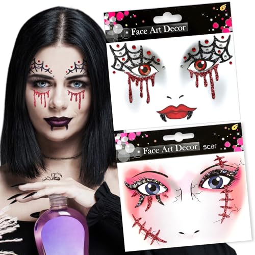 Yamobi 2 Stück Spider Web Narbe Gesicht Tattoo Set,Halloween Gesichtstattoo Horror Kostüm Zubehör FürKarneval Fasching Halloween Festival von Yamobi