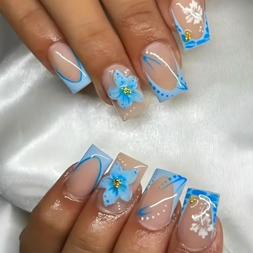 Yamobi 24 Stück Künstliche Blaue Blumen Nägel –Kurz Quadratisch für Frauen mit French Tip und Gold Strass Design für Frühling und Sommer von Yamobi