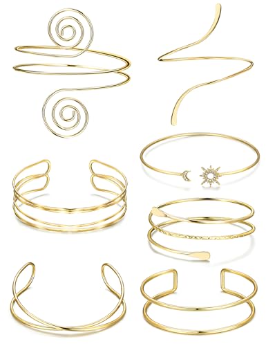 Yamobi 7 Stück Oberarmreif Set, Goldene Armreife, Oberarmbänder, passend für Frauen, mit Sonne, Mond, Swirl, Spirale, Schichtung und minimalistischem Design von Yamobi