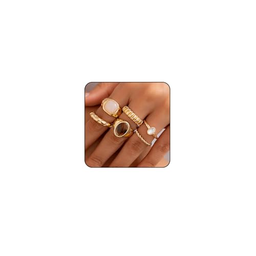 Yamobi Goldene Ringe Set für Damen,mit Perlen und Kristallen,Einfache Wasserfeste Chunky Stapelringe, Verstellbare Trendige Modeschmuck Ringe von Yamobi