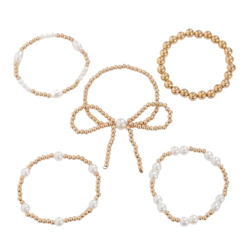 Yamobi Goldenes Armband, Perlenarmband Damen mit Schleifen-Design, Stretch Armbänder mit Goldenen Perlen und Perlenkugeln, Verstellbares Eleganter Perlenschmuck von Yamobi