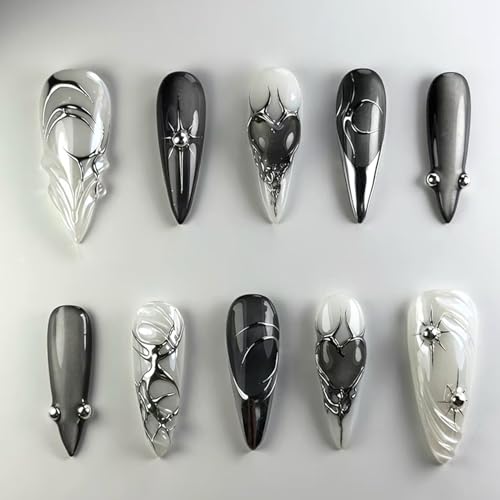 Yamobi Press on Nails Sommer, Y2K Stil, 24 Stück Almond - Form, Schwarze Glänzende Acrylnägel mit Silbernen Sternen, Völlig Abgedeckte,Dekoration für Frauen von Yamobi