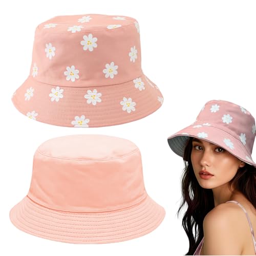 Yamobi Sonnenhut Damen, Rosa Fischerhut, Sommermütze Doppelseitige Verstaubare Hüte, Sonnenhut Damen Faltbar, UV-Schutzhut mit Blumen für Camping Reisen Urlaub von Yamobi