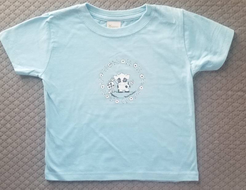 Om Moo Kleinkind-T-Shirt Baby Blau/Kaninchenfelle Bio-Baumwolle T-Shirt Veganes Yoga-T-Shirt Für Babys Blauer Strampelanzug Kuh von YamunaCreations