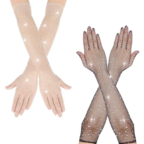 YanBous 2 Paare Lange Netzhandschuhe für Damen Long Fishnet Gloves mit Funkelnden Strass Mode Opernhandschuhen für 80er Kostümpartys Halloween Cosplay Zubehör（Schwarz/Weiß） von YanBous