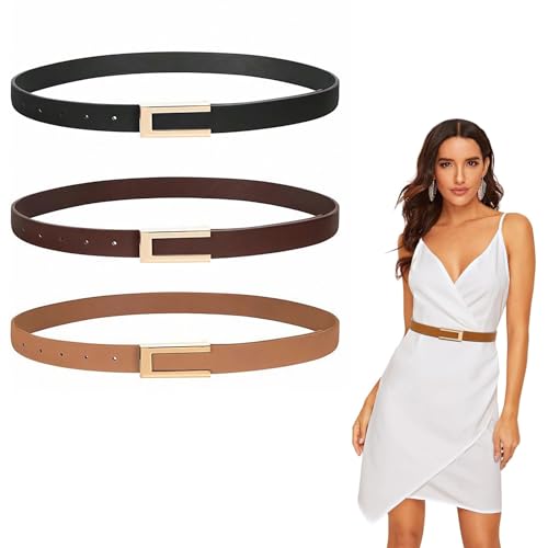 YanBous Damen Skinny Leder Gürtel, 3 Stück, Taillengürtel mit Drehverschluss, Verstellbar, Schwarz/Kaffee/Hellbraun von YanBous