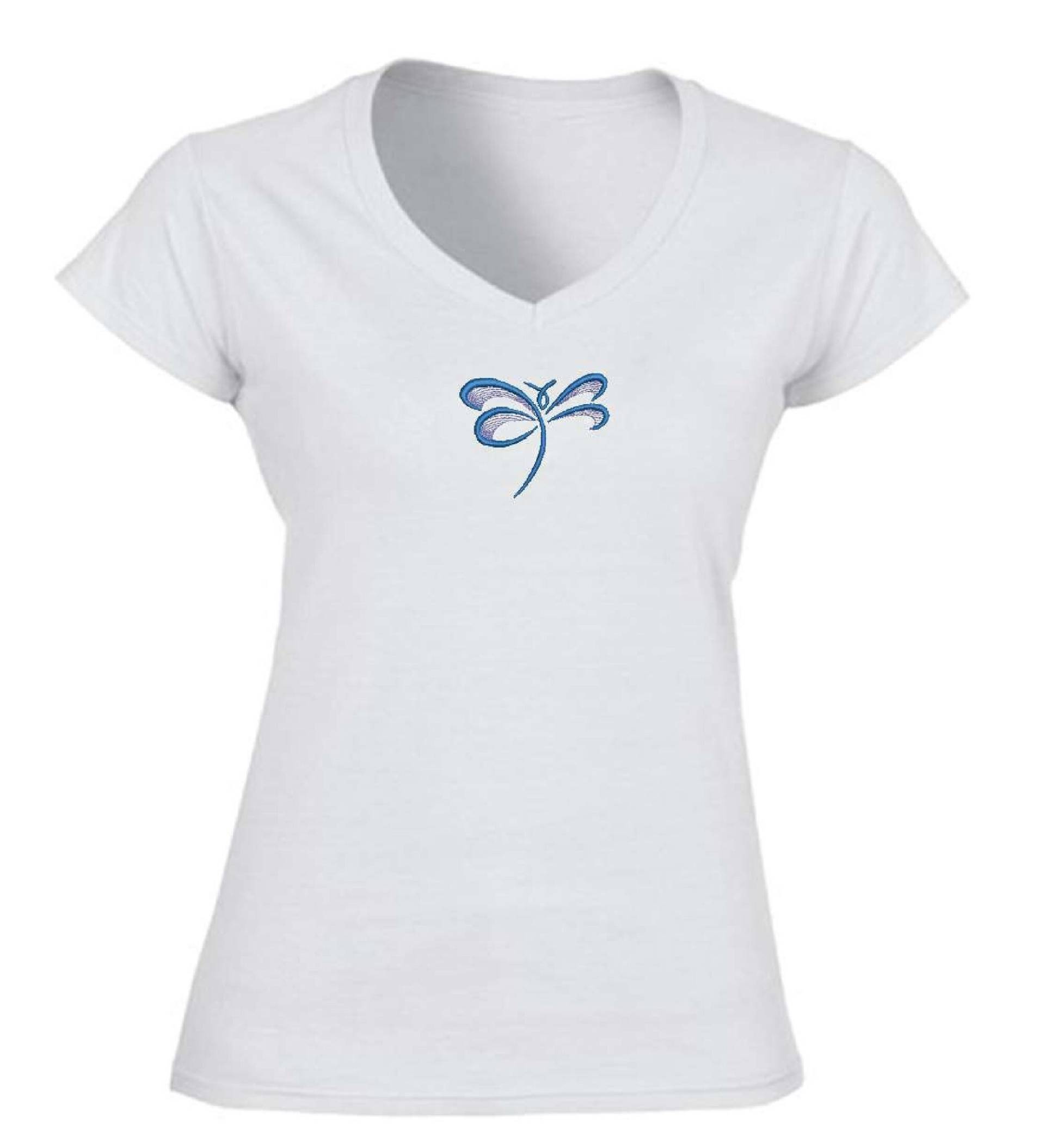 Damen Weißes T-Shirt Mit V-Ausschnitt Und Wunderschöne Libelle Stickerei Damen Weißes T-Shirt Mit V-Ausschnitt Und Wunderschöne Libelle Stickerei von YanEmbro
