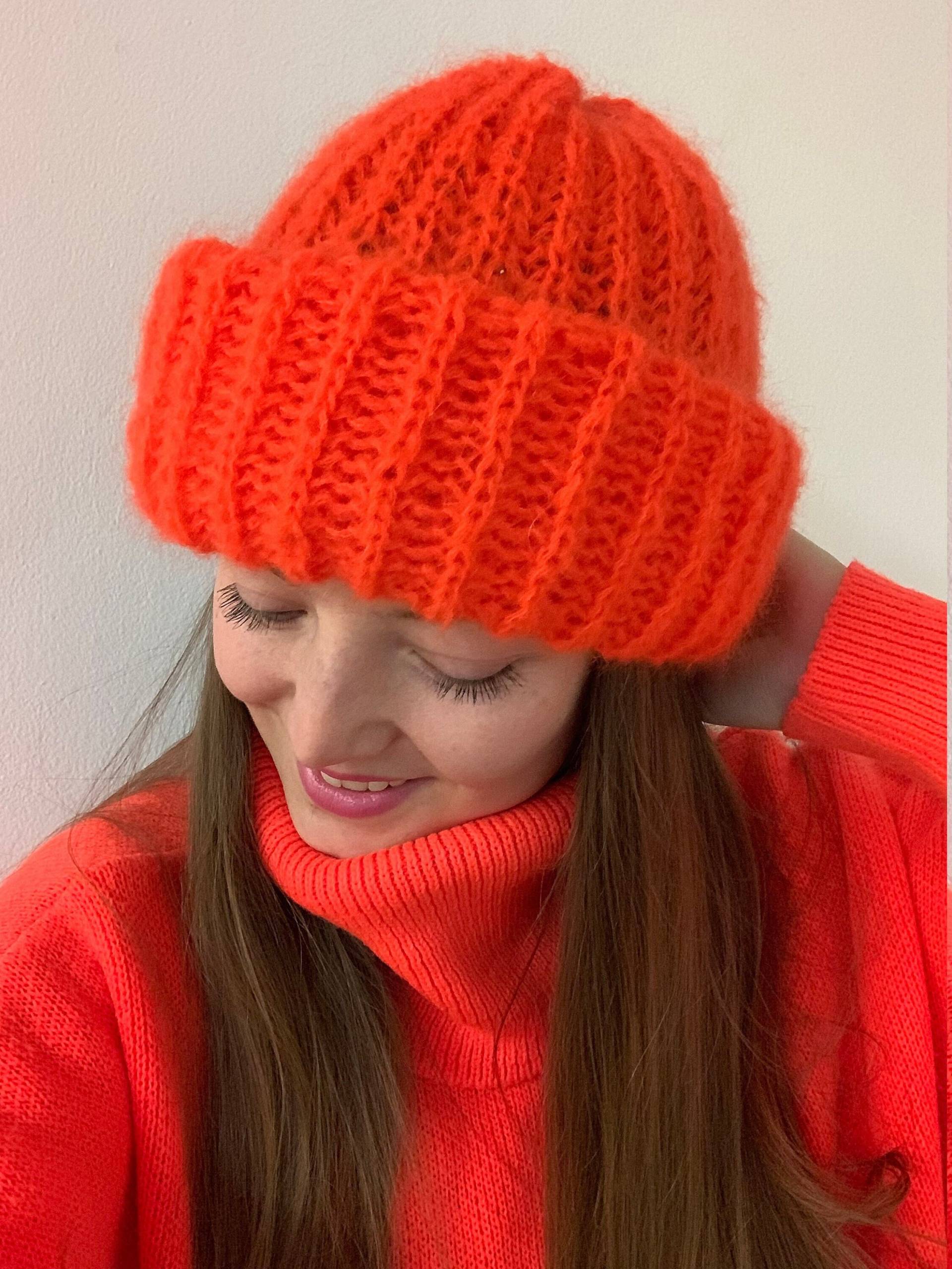 Mohair Beanie, Fuzzy Chunky Kaschmir Grobstrick Mütze, Strickmütze Frau, Wolle Grobstrick Orange Beanie von YanaKnitShop