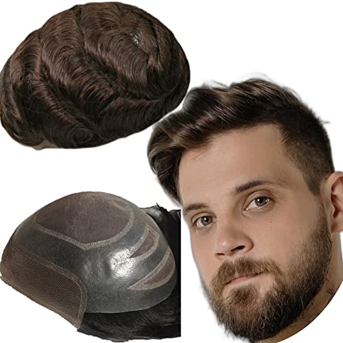 Echthaar Toupet für Männer,Yanahair Gewelltes Haar dünne französische Spitze gebleicht Knoten natürlichen Haaransatz Poly Haut Perücken Haut Haarsystem Europäische Perücke Mann(10x8",#2 Tiefbraun) von YANAHAIR