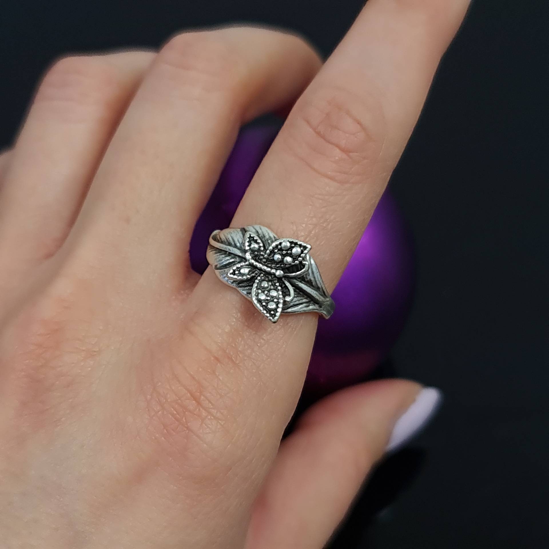 Silberner Schmetterling Ring, Silber Blatt Und Stapelbarer Statement Verstellbarer Tier Mädchen Ring von YanardagJewelryShop